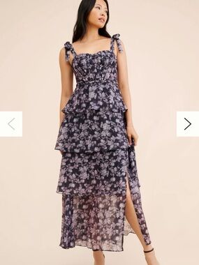 ASTR the Label Floral Tie Strap Tiered Midi Dress Black Gray